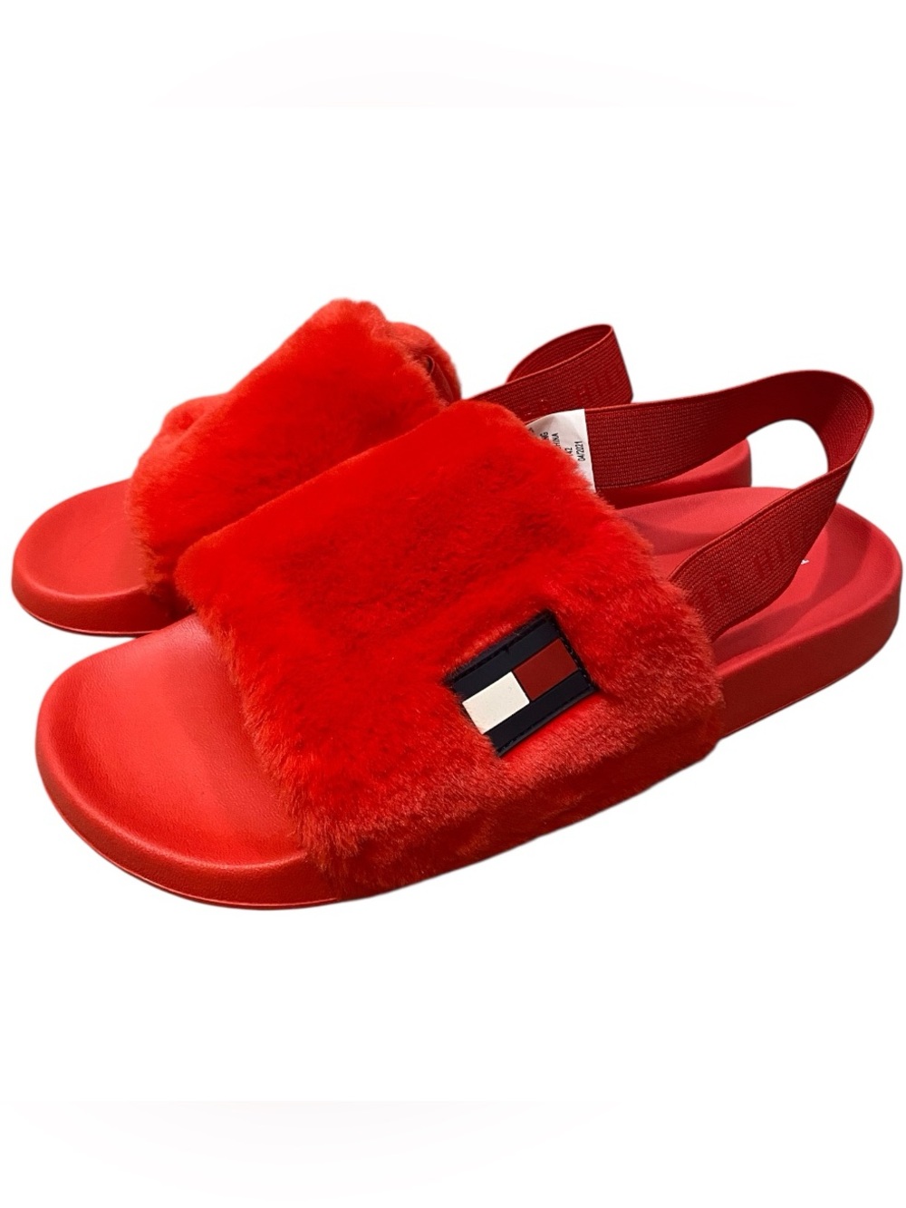 NWOTTommy Hilfiger Faux FurPlush Red Logo Slide Sandals Size 8